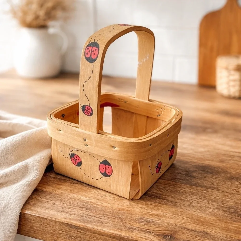 Small Wooden Ladybug Basket 4x7 Cottage‎ Farmhouse Decor
